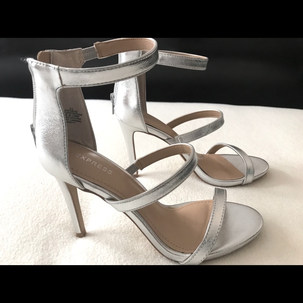 Express silver strap heels. Never worn. Size 6/5.
